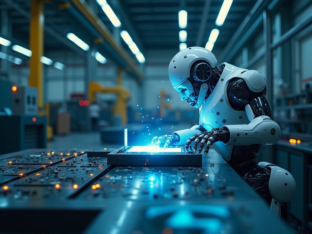 Robots avanzados ejecutando tareas precisas en un entorno industrial con inteligencia artificial robótica