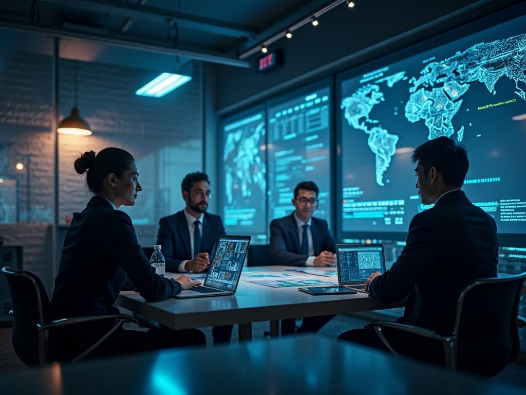 Representación ultra realista de la inteligencia artificial Agüera colaborando con ejecutivos en una oficina moderna y futurista