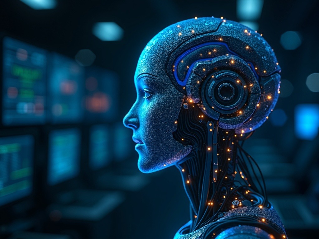 Visualización de la inteligencia artificial tiene intuición en un entorno empresarial moderno con líderes de innovación