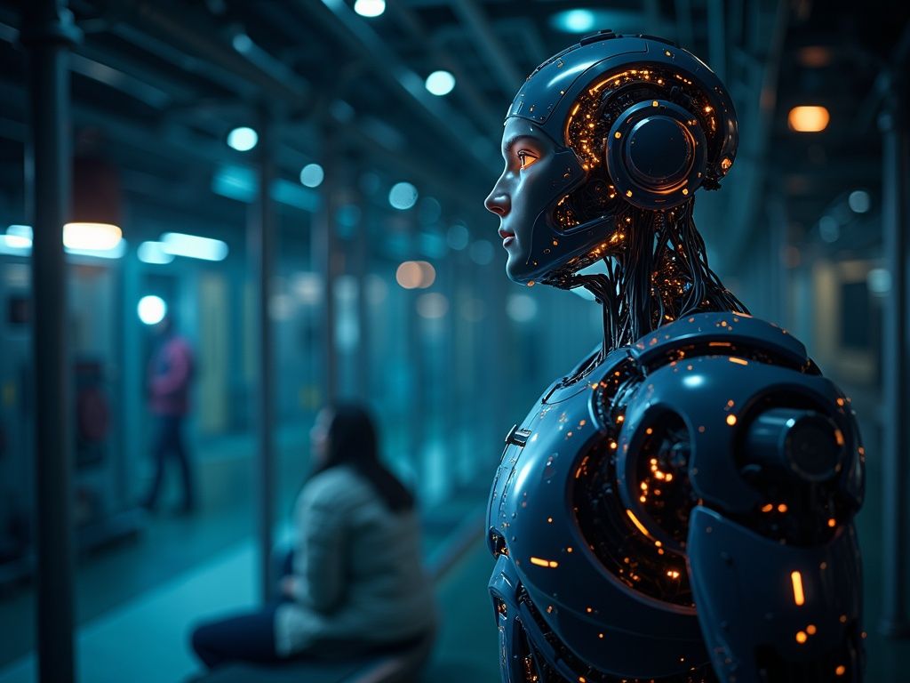 Representación ultra realista del impacto de la inteligencia artificial y empleo futuro laboral, mostrando la interacción entre automatización y creatividad humana