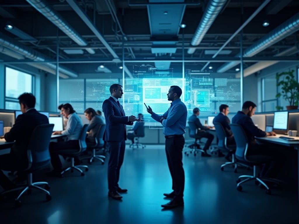 Profesionales en oficina usando herramientas avanzadas de inteligencia artificial, mostrando la integración de IA en empleos que desaparecen