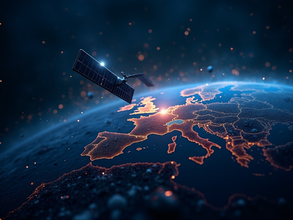 Ilustración ultra realista de la conexión satelital avanzada con redes 6G e inteligencia artificial en Europa