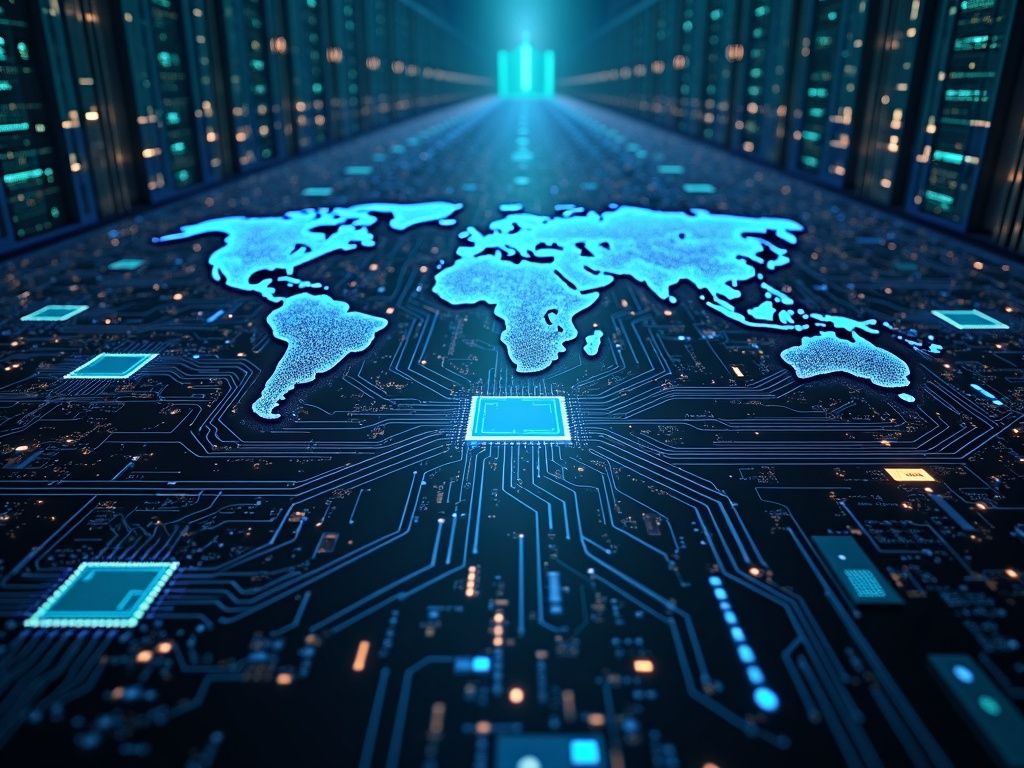 Escena ultra realista que muestra la inversión en inteligencia artificial con centros de datos, microchips y redes avanzadas