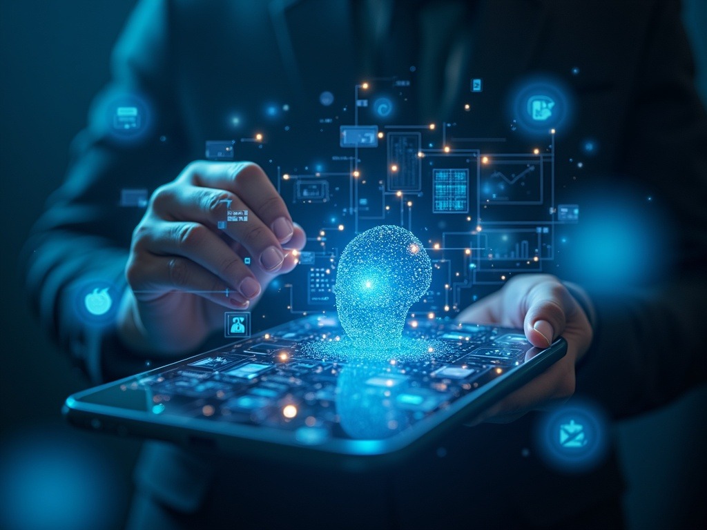 Escena digital ultra realista mostrando agentes autónomos y asistentes virtuales en ecosistemas de meta inteligencia artificial para marketing digital