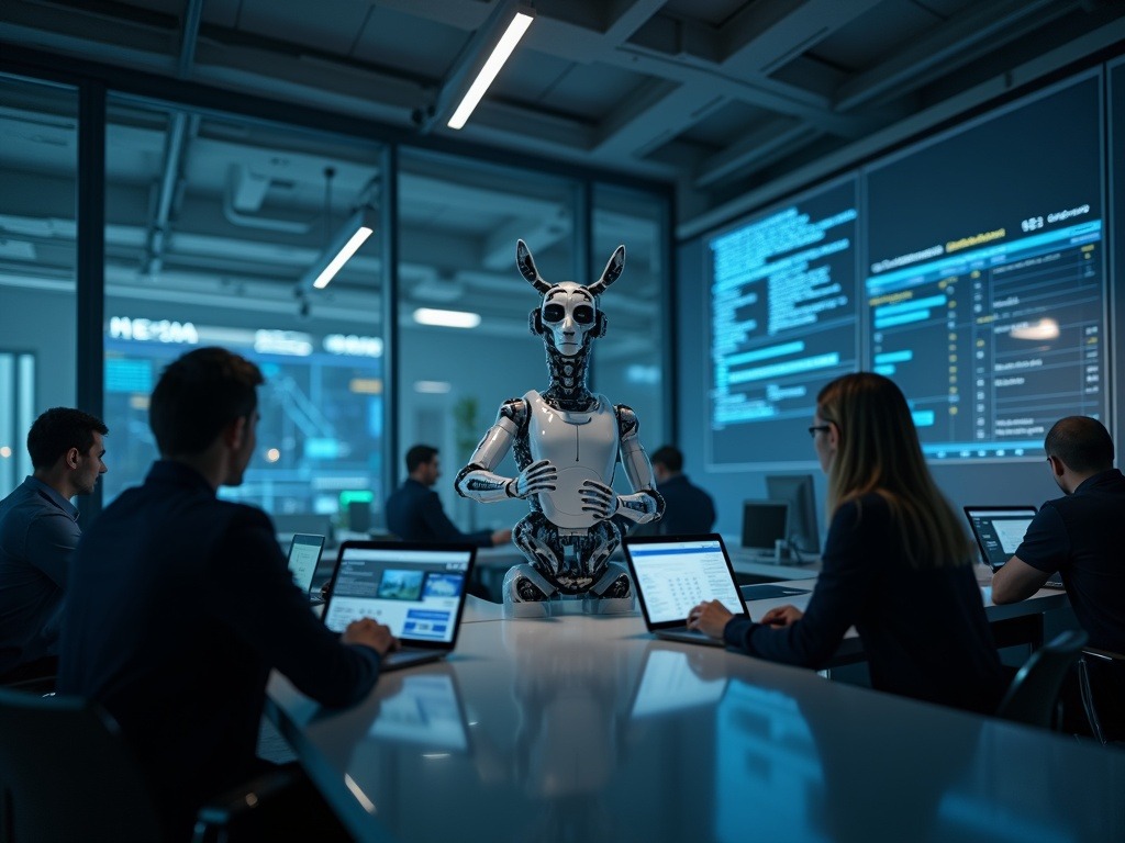 Ejecutivos interactuando con la meta inteligencia artificial en oficina moderna que muestra integración avanzada con herramientas como Calendar y Outlook