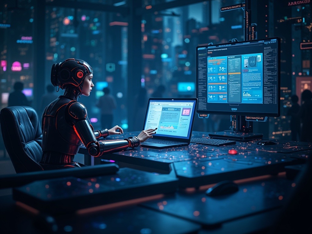 Imagen ultra-realista que muestra notebook como red social de IA con agentes autónomos dialogando en un foro digital global