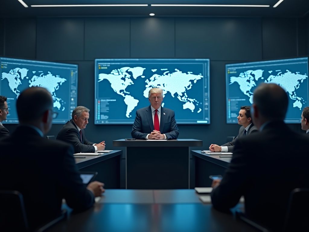Imagen ultra realista de reunión legislativa sobre regulación de inteligencia artificial en EE.UU. con Donald Trump y líderes tecnológicos