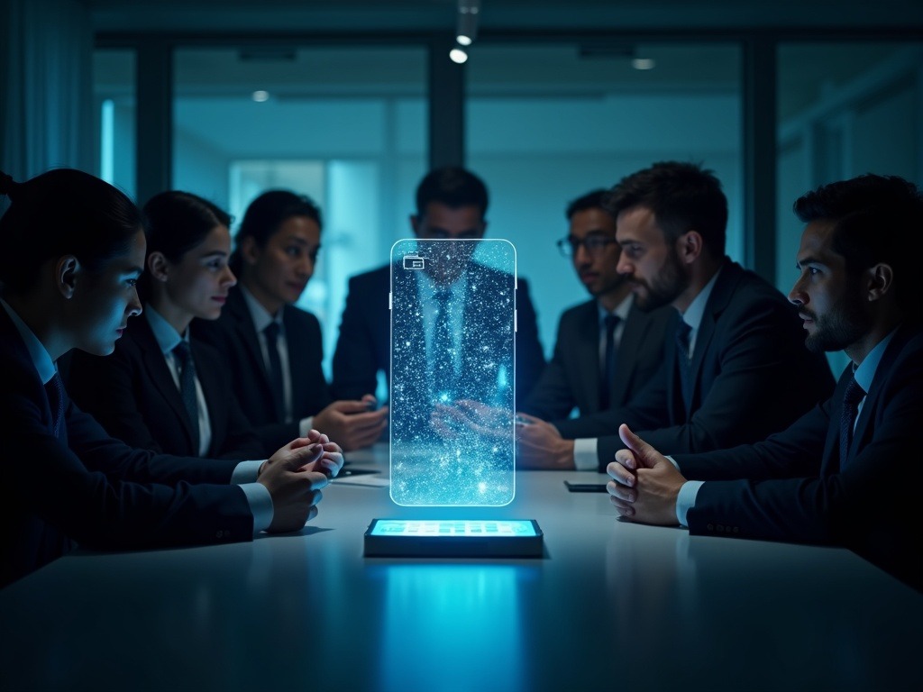 Corporate boardroom with diverse professionals examining a hologram of an Android device integrating inteligencia artificial, symbolizing EU regulation impact