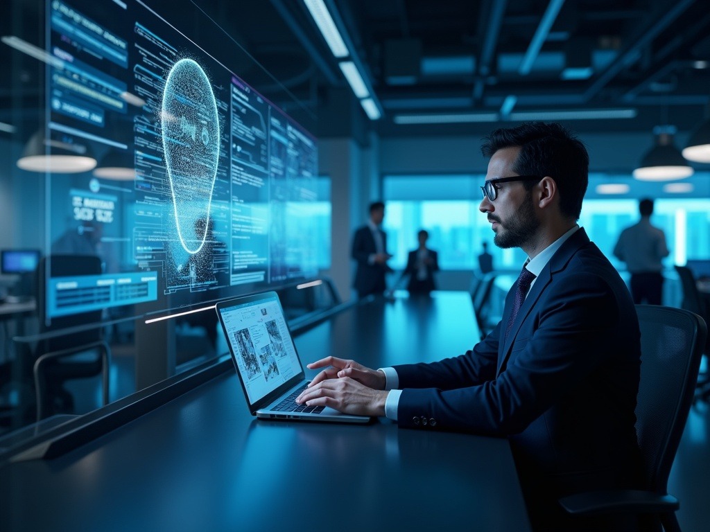 Escena ultra realista mostrando asistentes autónomos de superinteligencia IA 2026 integrados en ambiente corporativo tecnológico avanzado