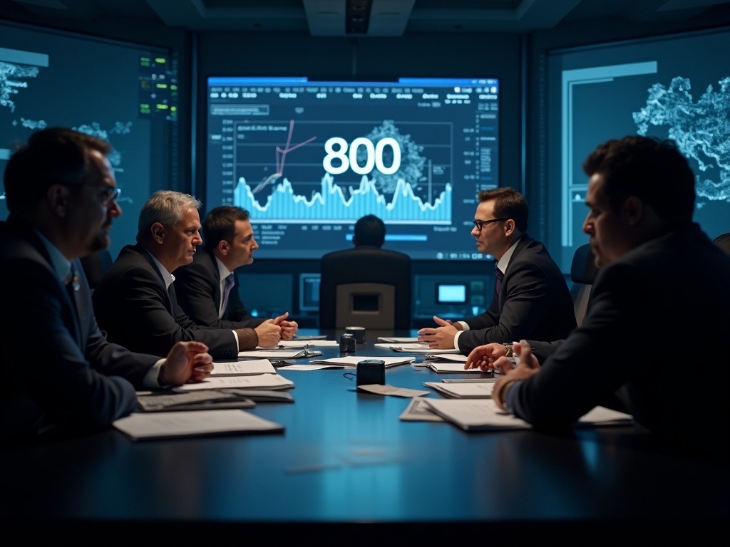 Reunión corporativa con gráficos mostrando suspensión de cuentas en redes sociales y documentos sobre impactos digitales