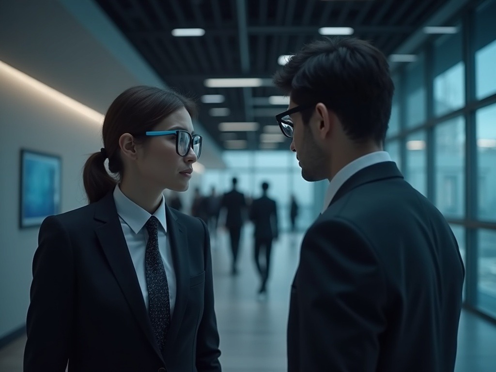 Dispositivos innovadores de traducción inteligencia artificial presentados en MWC, con gafas y auriculares en ambiente corporativo realista