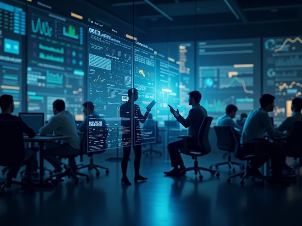 la-verificacion-de-datos-personales-en-empresas-para-mejorar-rentabilidad-y-seguridad Escena corporativa con empleados trabajando en pantallas que muestran verificación de datos personales en tiempo real