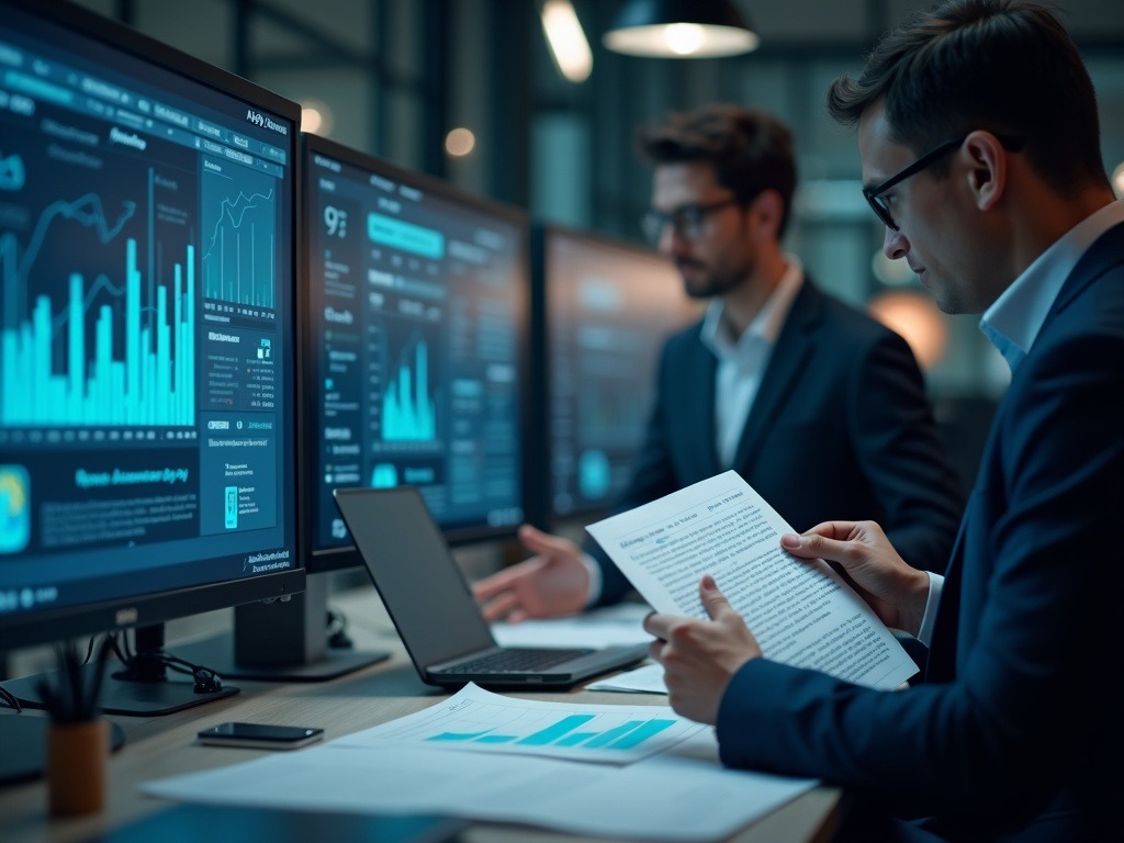 la-verificacion-de-hechos-en-empresas-para-proteger-la-rentabilidad-y-reputacion Directivos en oficina moderna realizando verificacion de hechos mediante herramientas digitales y tecnología IA para validar documentos y proteger la reputación empresarial