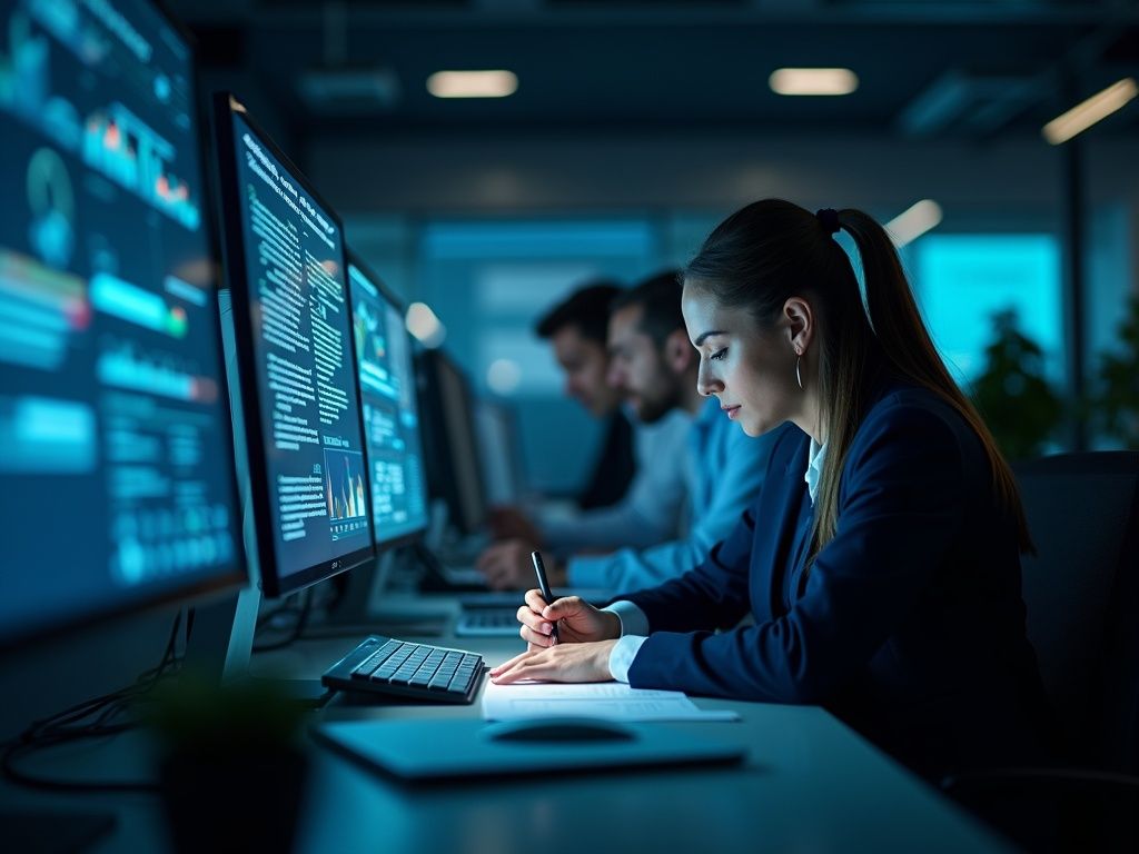 Equipo corporativo realizando verificación de hechos con tecnología avanzada en oficina moderna