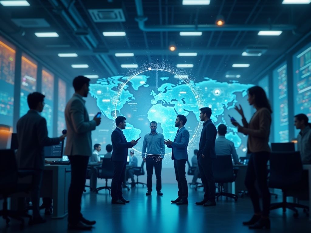 Un grupo diverso de profesionales utiliza herramientas avanzadas de inteligencia artificial en un moderno espacio de trabajo corporativo, destacando la integración de la IA en 2025