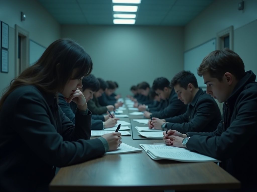 las-trampas-en-examenes-con-ia-como-la-tecnologia-revoluciona-la-evaluacion-academica Escena ultra realista de estudiantes haciendo trampas en exámenes con IA mediante nanopinganillos y dispositivos inteligentes