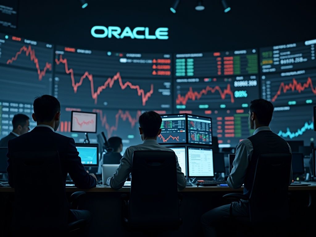 Dinámica volátil del mercado con caída en Oracle ventas nubladas y gráficos financieros en pantalla