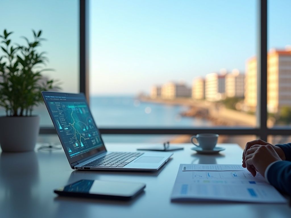 Oficina moderna de automatización en Badalona con laptop y vista costera.