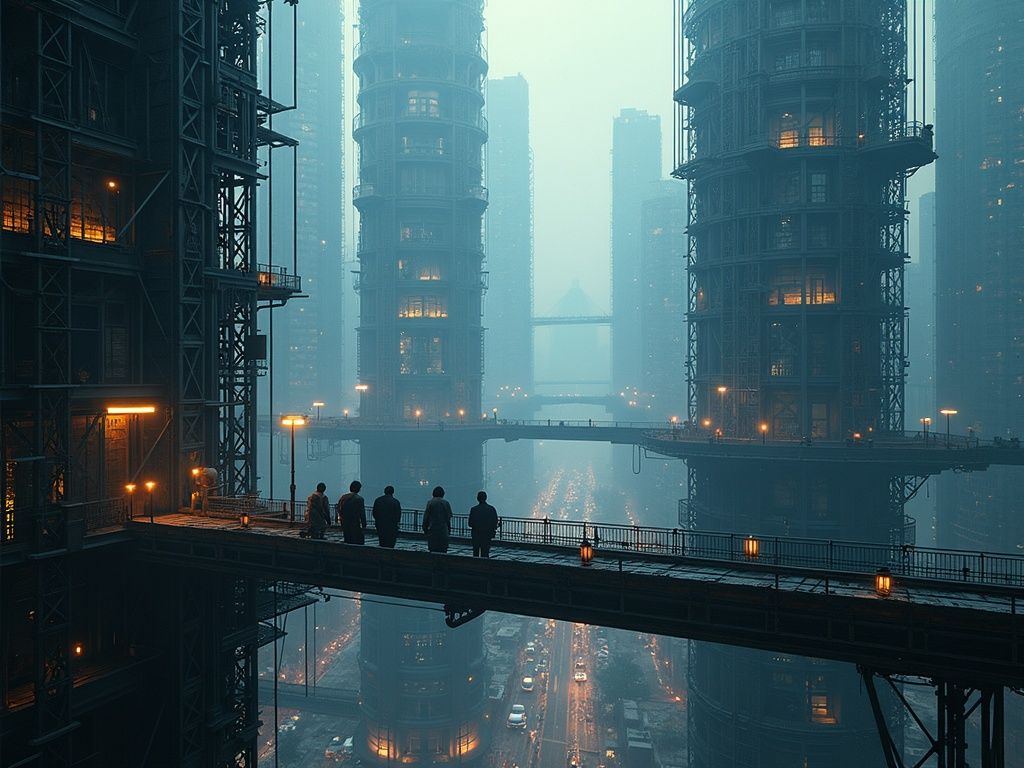 Retrato ultra realista de los arquitectos inteligencia artificial en un escenario moderno con estructuras industriales y tecnología digital