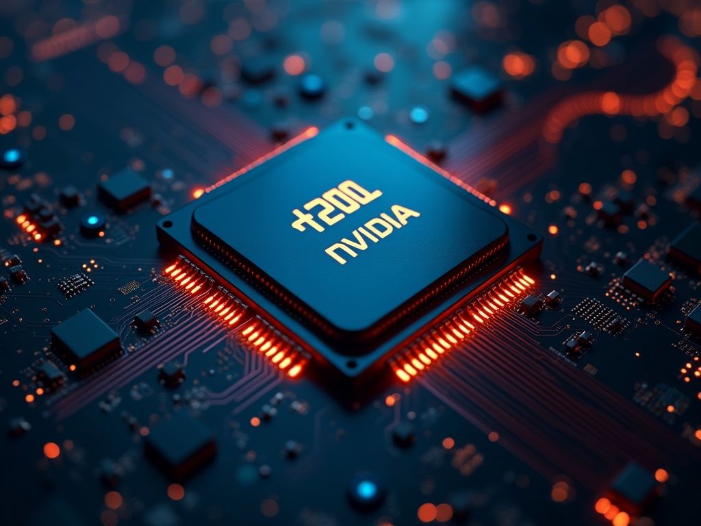 Representación ultra realista de chips Nvidia para inteligencia artificial y la tensión estratégica entre innovación occidental y avance tecnológico chino