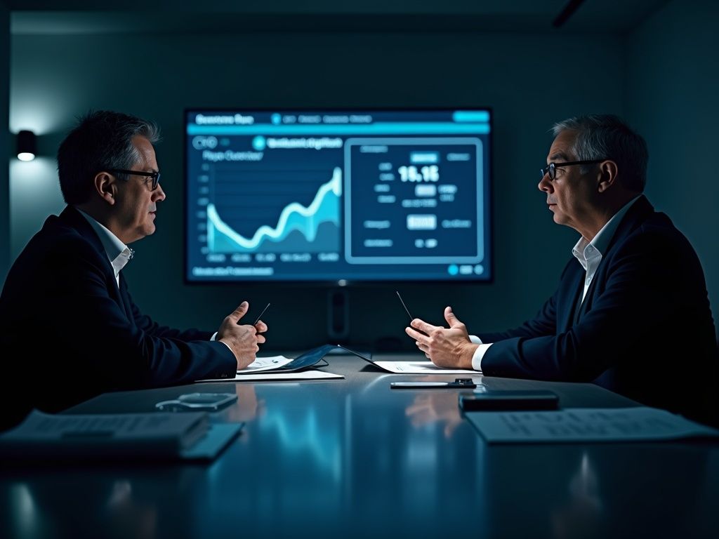 microsoft-copilot-ai-en-empresas-claves-para-medir-su-impacto-real-en-el-negocio Escena ultra realista en una sala de juntas donde un CEO y un CFO analizan el retorno de inversión de Microsoft Copilot AI en la empresa