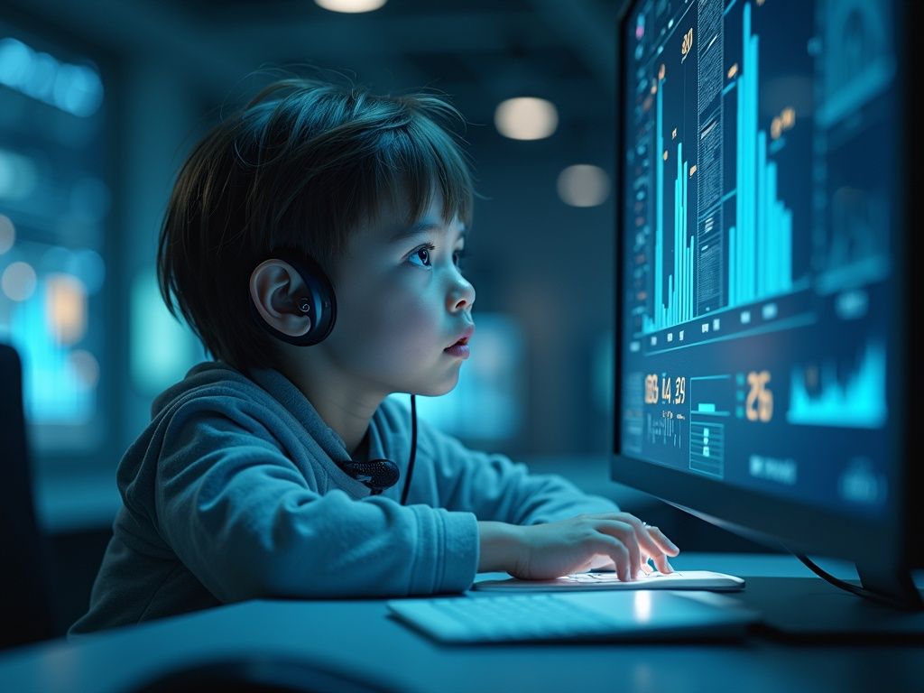 Niño conectado a Neuralink en ambiente futurista con tecnología avanzada y hologramas, representando la fusión de neurotecnología e infancia