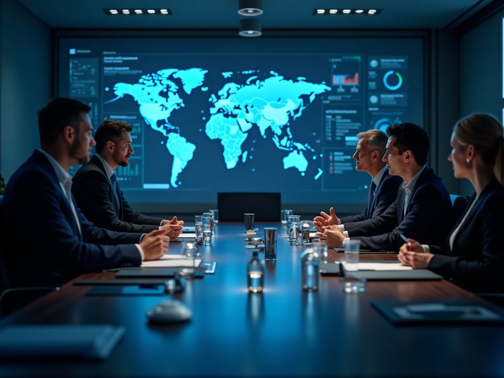 Ejecutivos en una sala de juntas moderna utilizando noticias resumen corto para directivos en una reunión estratégica