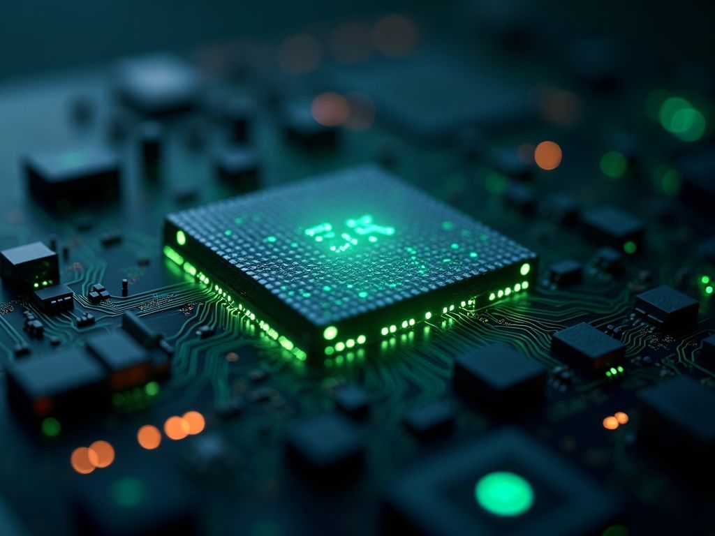 Escena macro ultra realista mostrando la integración visual de tecnología Groq LPU en la arquitectura de IA de Nvidia, destacando innovación y eficiencia energética