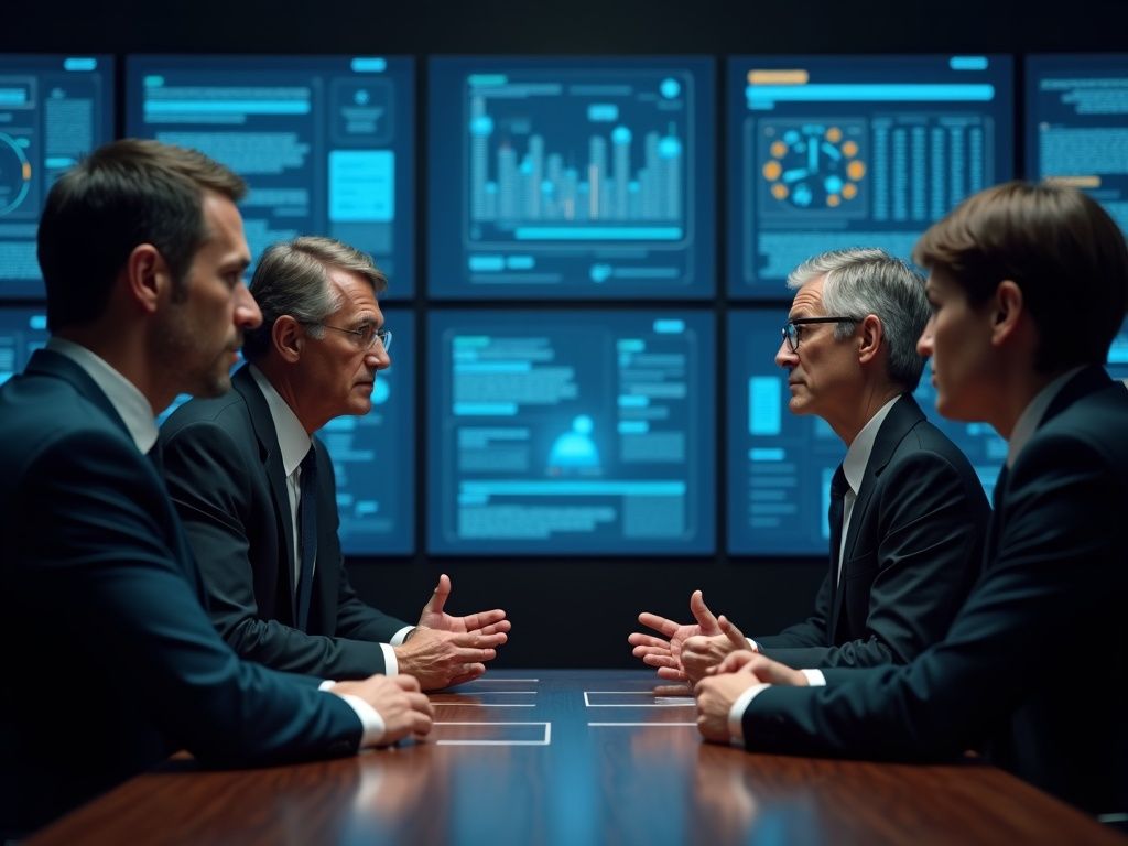 Representación realista de la protección infantil en tecnología con funcionarios de la UE y gigantes tecnológicos en un tribunal digital