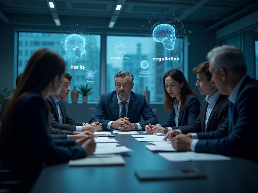 Grupo diverso de ejecutivos en discusión seria sobre regulaciones AI salud mental con interfaces holográficas en sala corporativa moderna