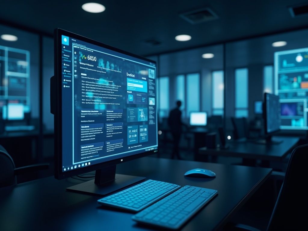seguridad-windows-11-copilot-para-empresas-como-proteger-tu-negocio-frente-a-riesgos-de-ia Espacio de trabajo corporativo moderno mostrando computadoras con Windows 11 Copilot, destacando tecnología avanzada y seguridad para empresas