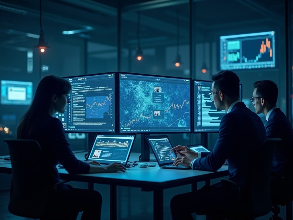 Profesionales realizando verificación de datos contra la desinformación en pantallas digitales en un ambiente corporativo moderno