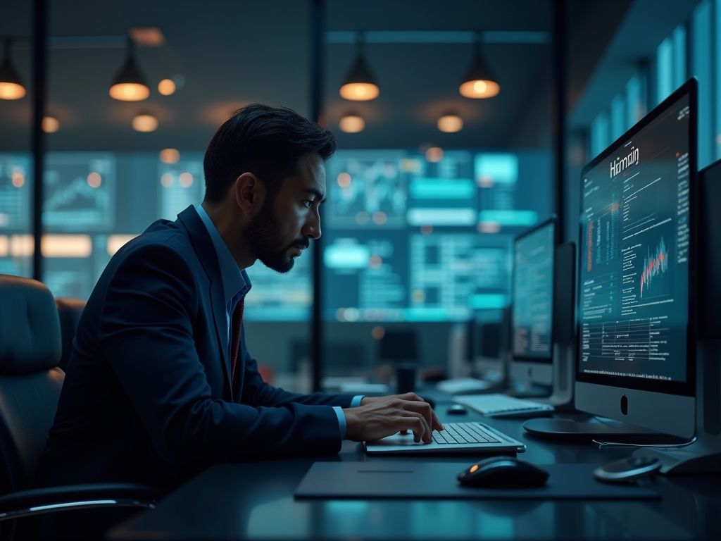 Escena ultra realista de un CEO analizando información verificada con herramientas de IA en oficina, destacando la verificación de noticias para decisiones empresariales