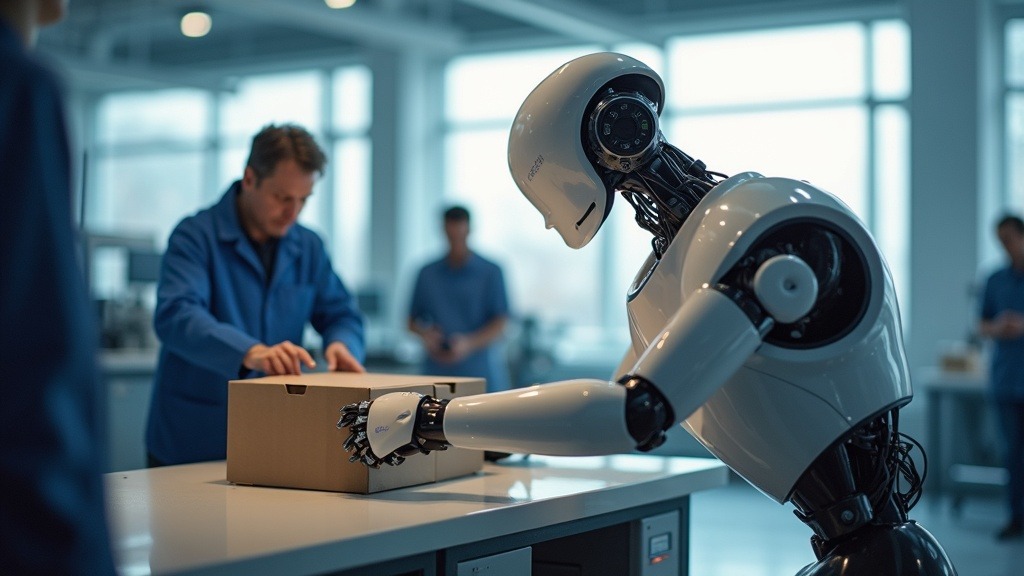 Robot con inteligencia artificial moviendo contenedores en una planta de producción