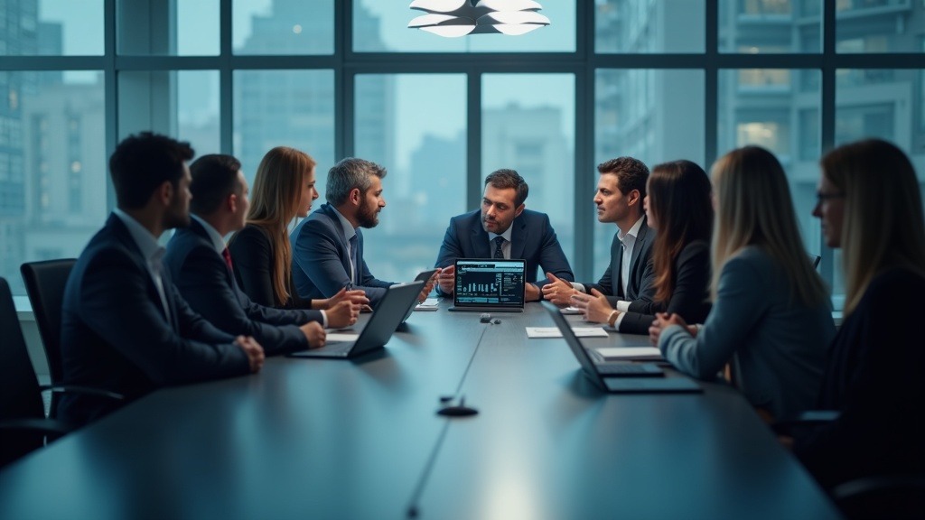 Directores revisan estrategias de gobernanza de inteligencia artificial en una sala de juntas