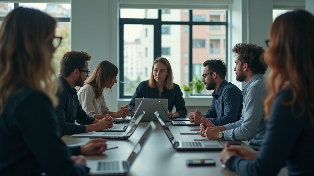 Grupo diverso de empleados discutiendo despidos masivos en empresas tecnológicas en una oficina moderna.