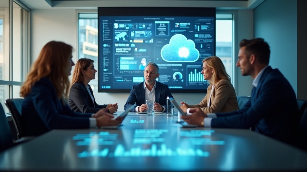 Ejecutivos en reunión con pantalla de datos de inteligencia artificial Google Cloud