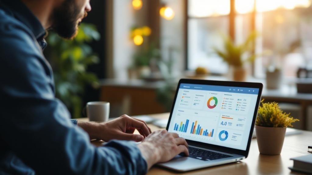 Propietario de pyme revisando un panel de automatización con IA en su oficina