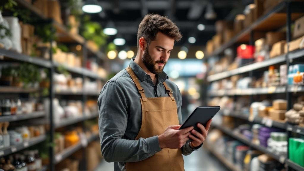 Responsable de tienda gestionando el inventario con software de análisis predictivo
