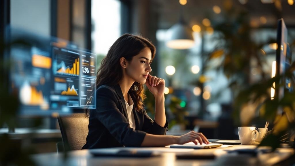 Directivo revisando informes de IA en pantalla, optimizando procesos