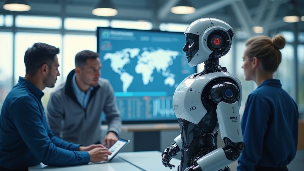 Robots humanoides en una fábrica utilizando inteligencia artificial robótica