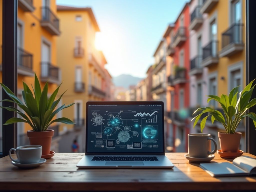 Escritorio moderno de oficina con un portátil mostrando gráficos de automatización, con la arquitectura de Pamplona al fondo.