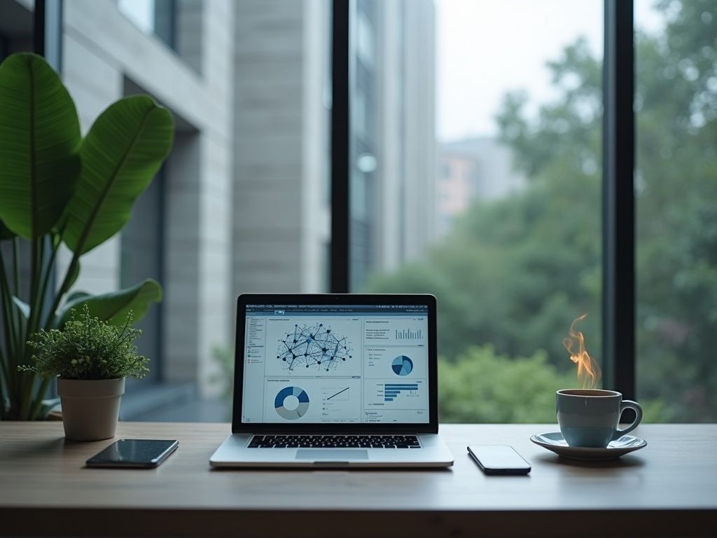 Oficina moderna de agencia de automatización en Lugo, mostrando un ordenador con gráficas de automatización.