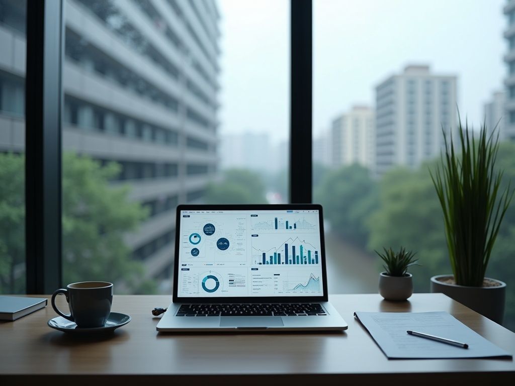 Oficina moderna con tecnología y vista de Vitoria, representando la agencia de automatización en Vitoria.