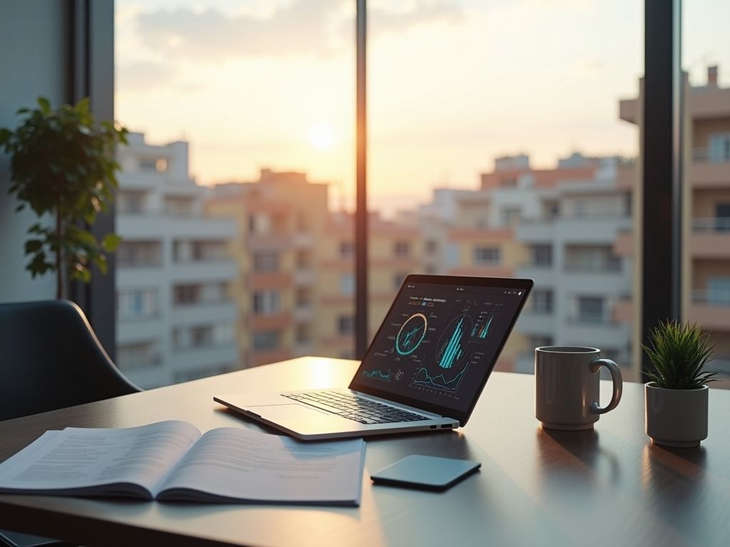 Oficina moderna de una agencia de automatización en Teruel, con laptop y vista de la ciudad